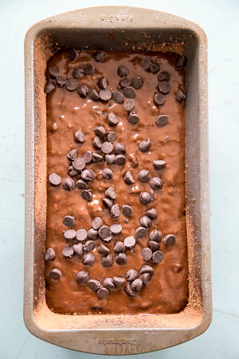 photo of the chocolate banana bread batter in the bread pan