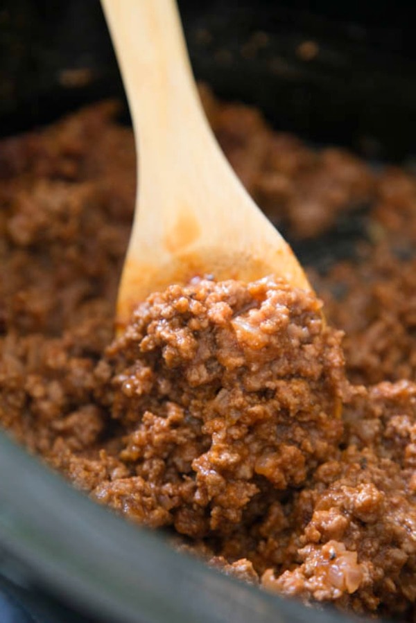 close-up photo of the sloppy joes in a slow cooker