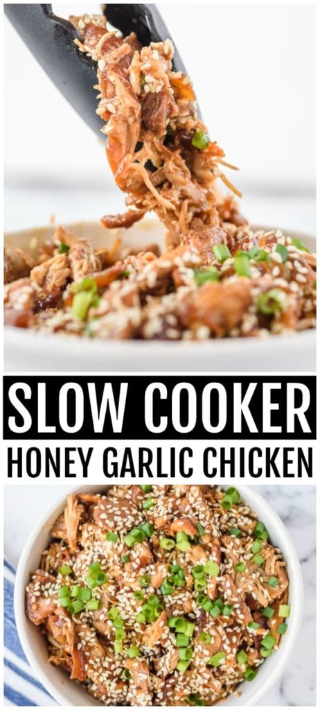 This Slow Cooker Honey Garlic Chicken served with sesame seeds and chopped green onions.