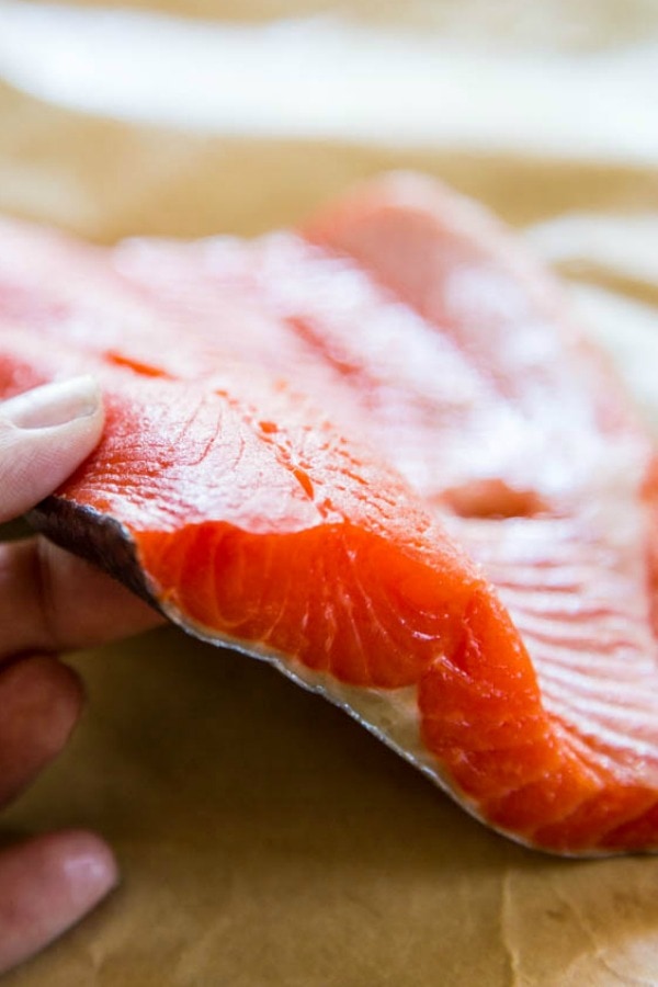 raw Sockeye salmon showing a straight on view with layers of the fish