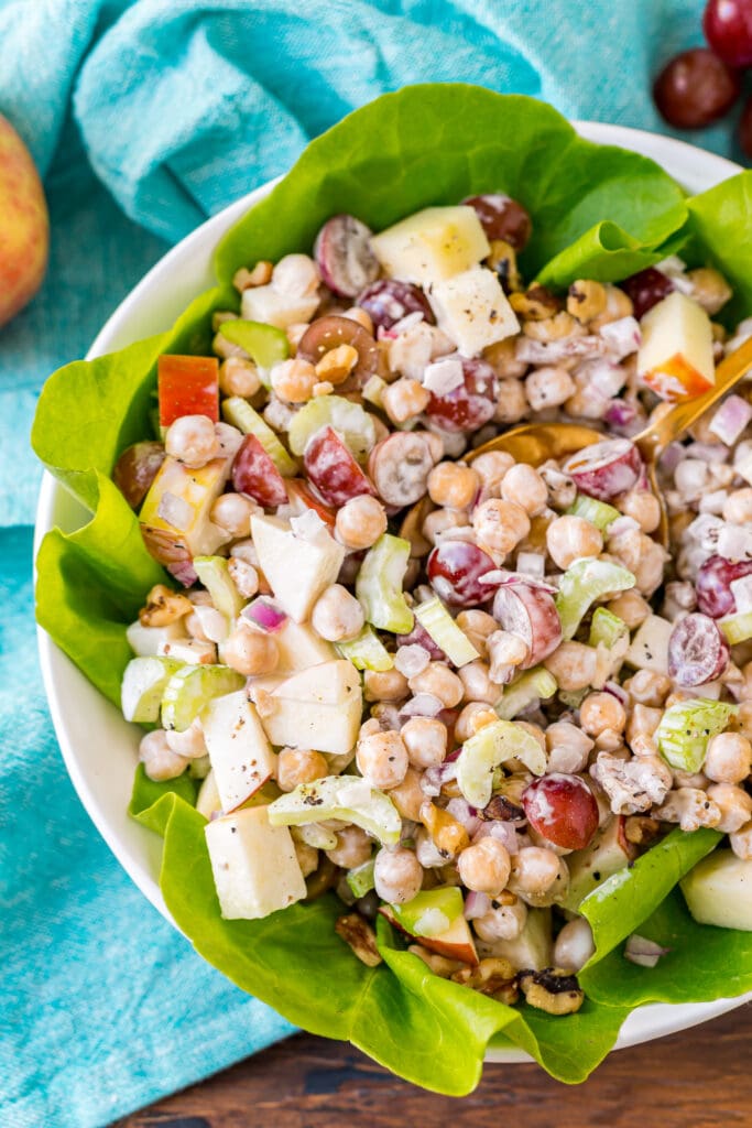 overhead photo of the salad with a serving spoon