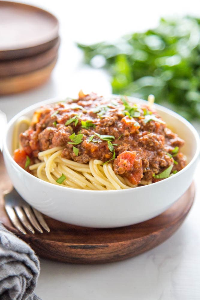 bowl of pasta with meat spaghetti sauce