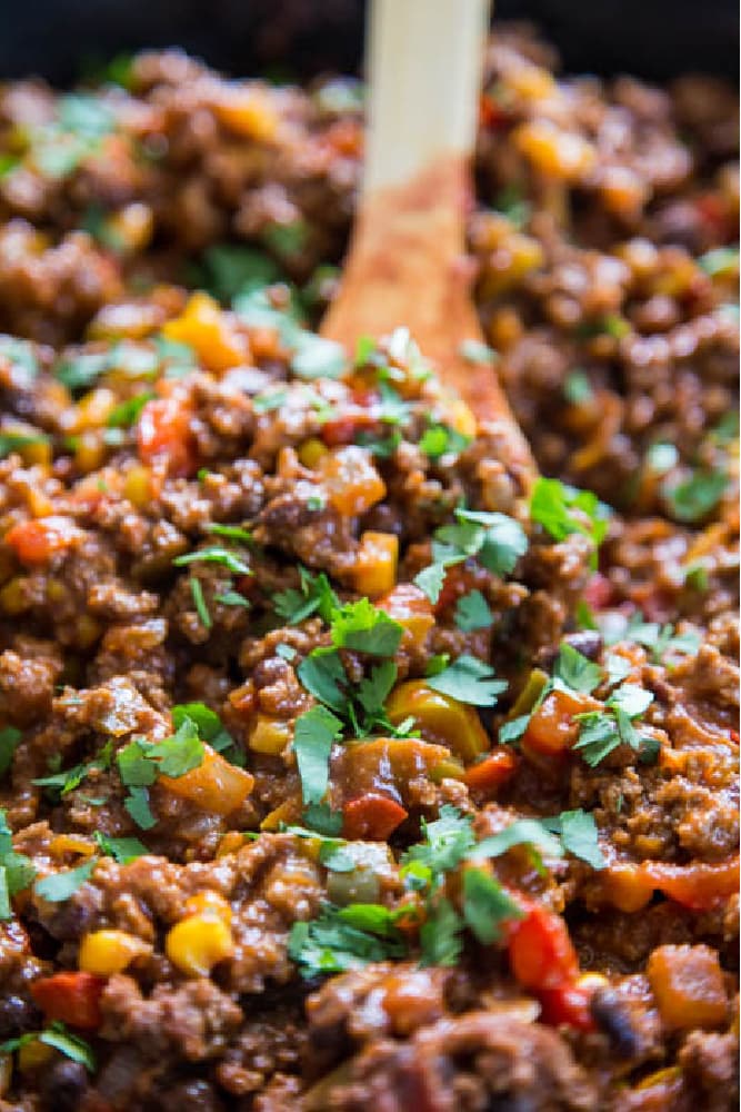 close-up photo of sloppy joes in a pan