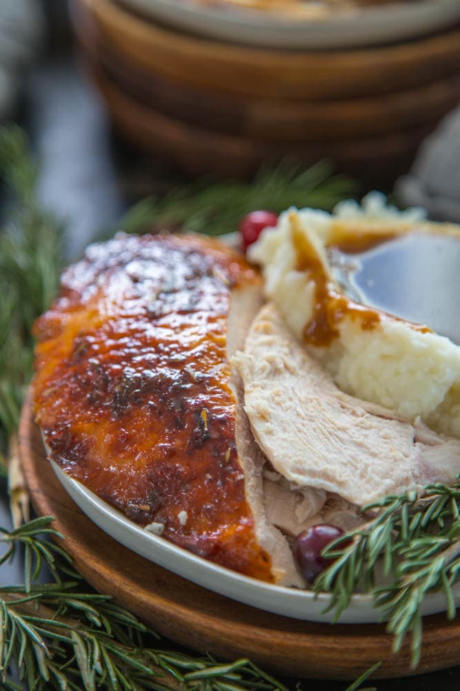 a slice of turkey on a plate.