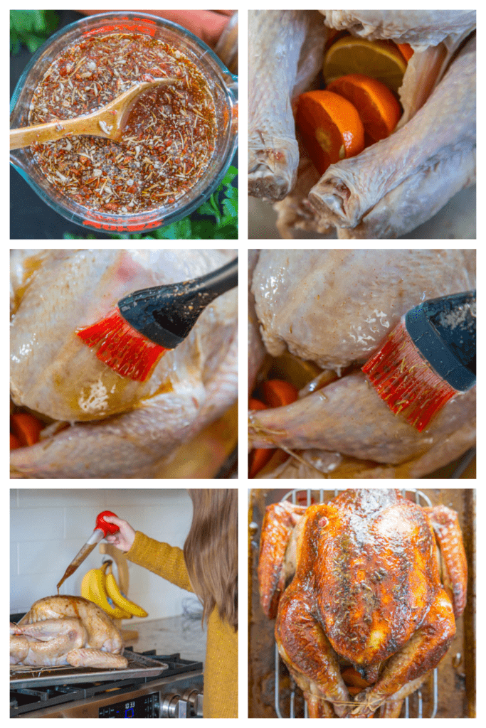 photo collage showing how to glaze and bake the turkey.