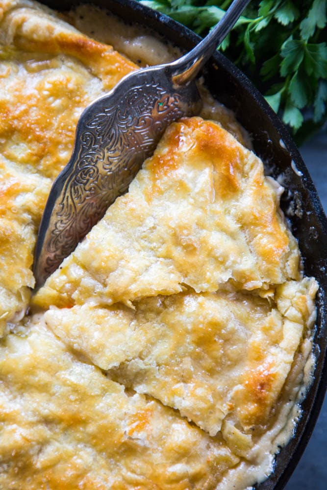 overhead shot of the pot pie being sliced