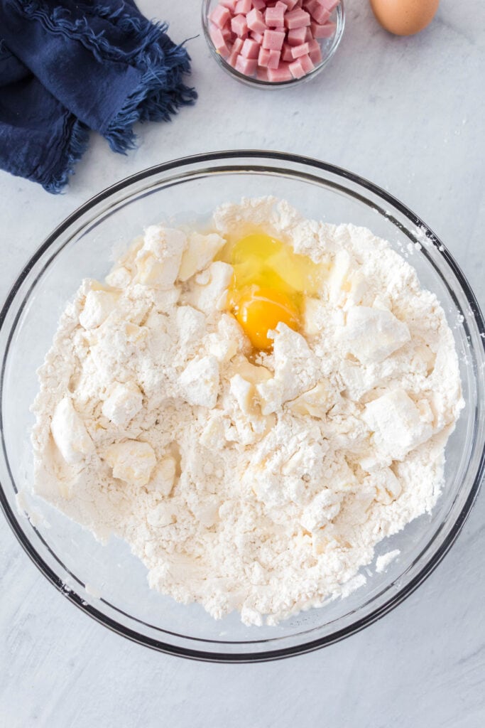 flour, shortening, sugar, egg, and water in a mixing bowl