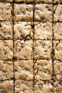 dark chocolate chip pistachio cookie bars over head shot