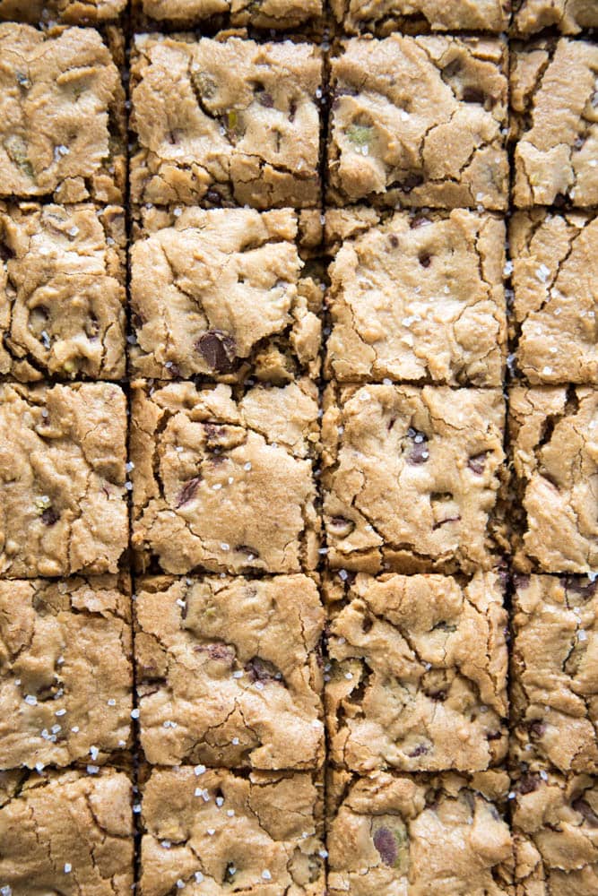 Overhead shot of sliced cookie bars.