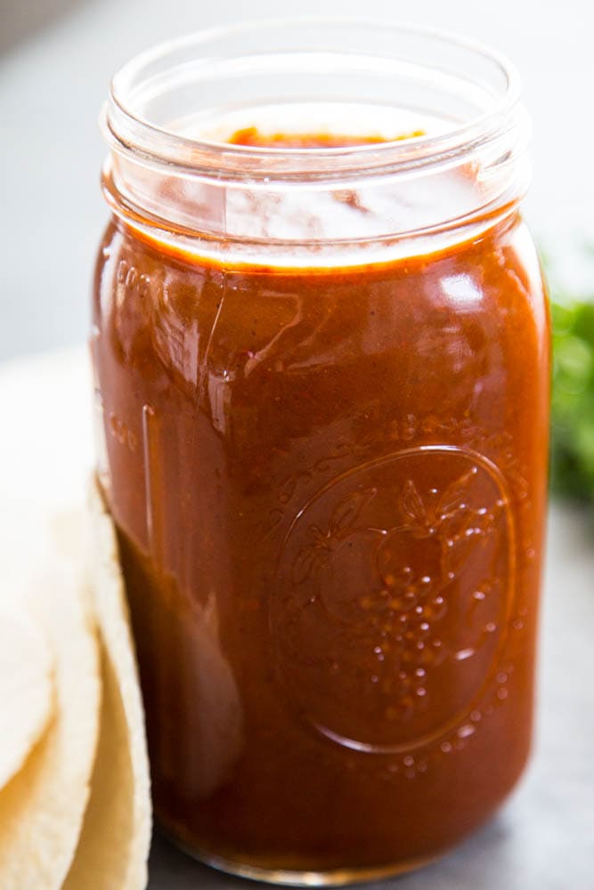 a jar of enchilada sauce.