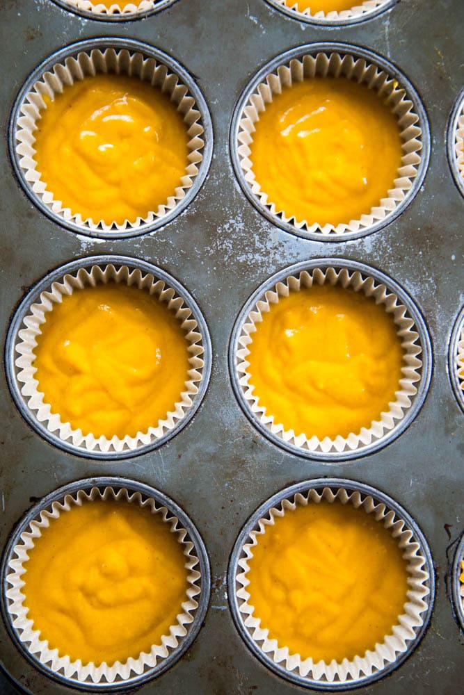 overhead shot of the batter in the cupcake pan.