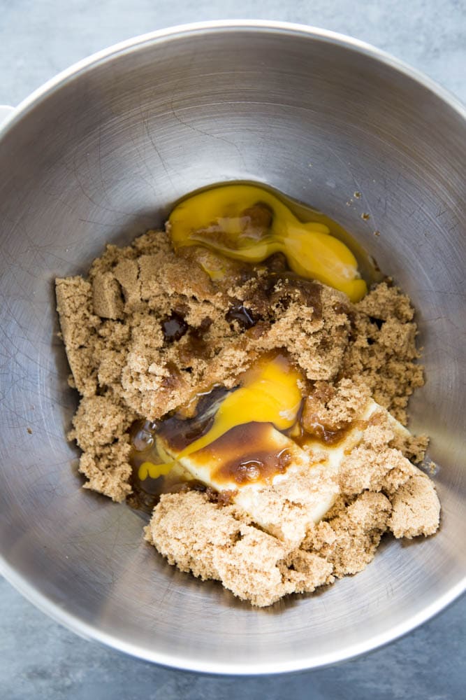 brown sugar, butter and eggs in mixing bowl