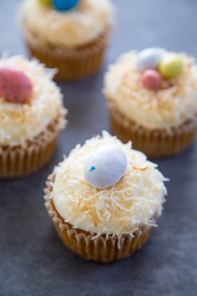 the frosted and decorated cupcakes.