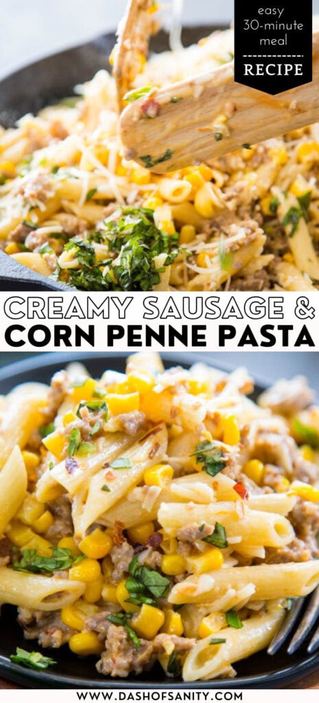 corn and penne pasta dish collage image with recipe title