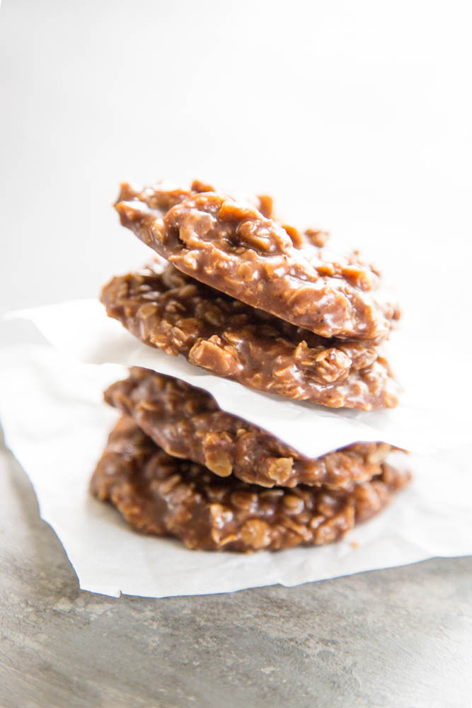 A stack of no bake cookies.