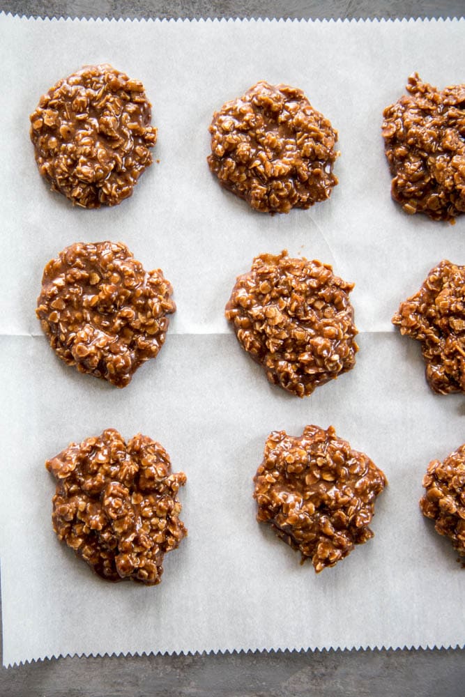 overhead shot of the no bake cookies on a sheet pan.