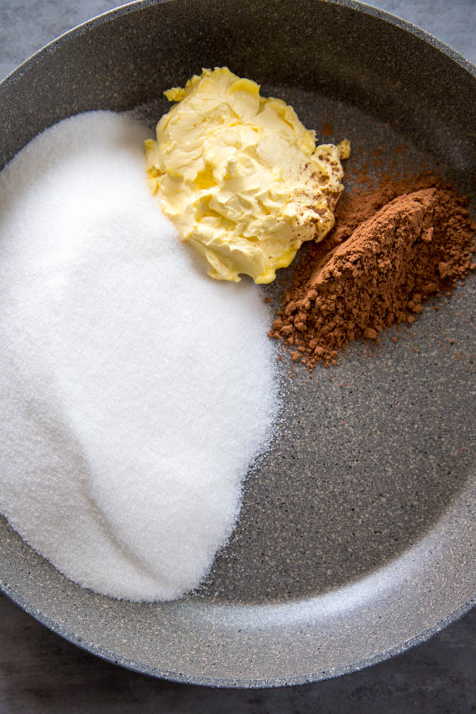 sugar, butter, and cocoa powder in a skillet.