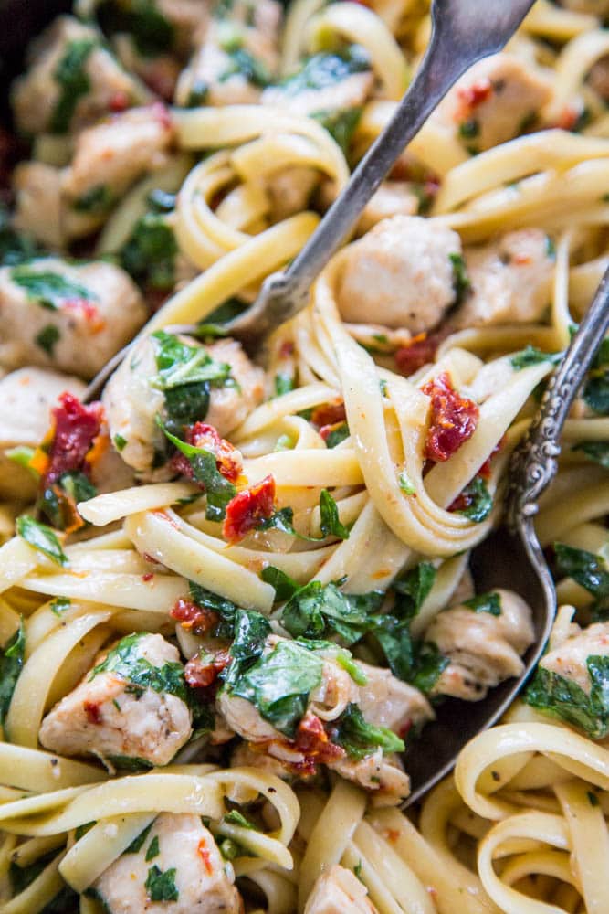 overhead shot of chicken bryan pasta skillet