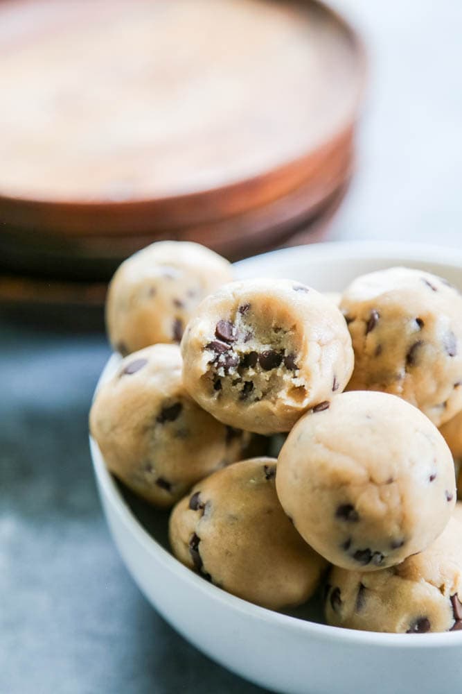a bowl of cookie dough bites.