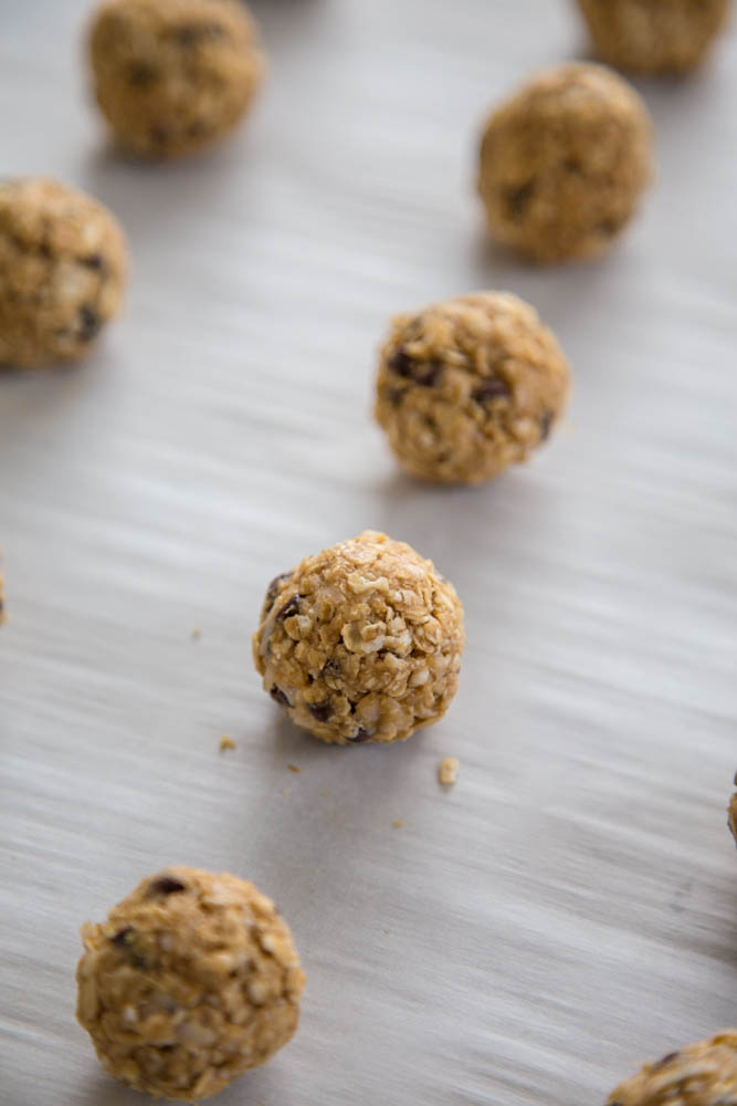 protein balls on parchment paper.