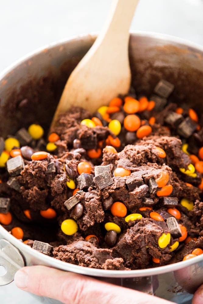 reese's chocolate cookie dough in a bowl.