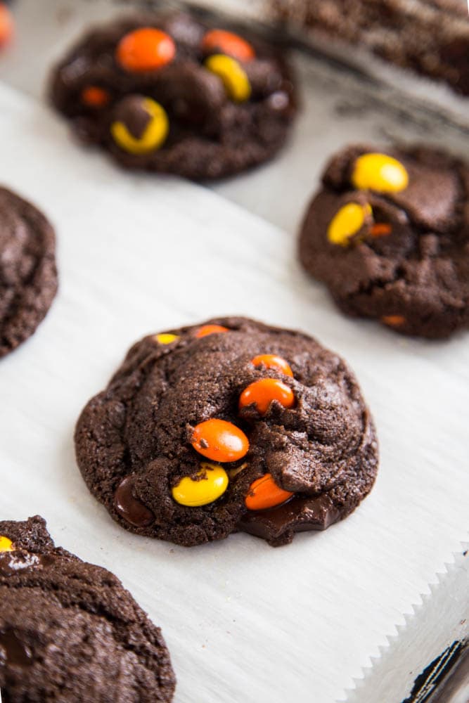 a chocolate cookie on a baking sheet.