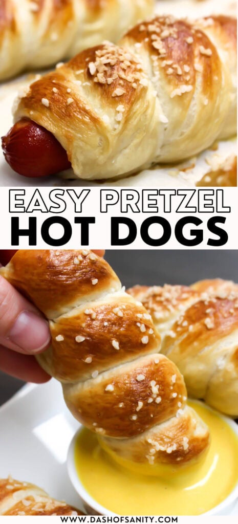 pretzel hot dogs and one being dipped in honey mustard sauce