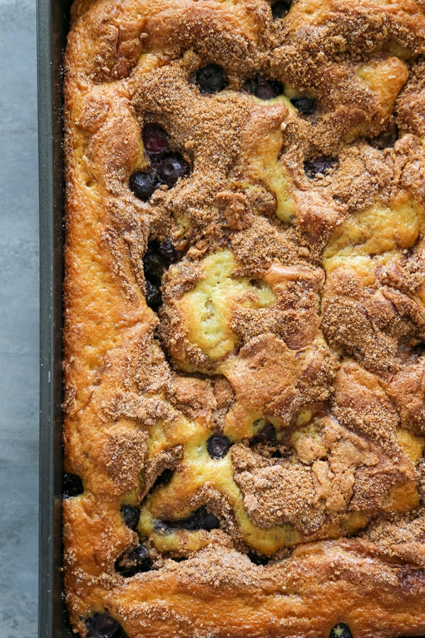 overhead shot of the baked coffee cake in the pan.