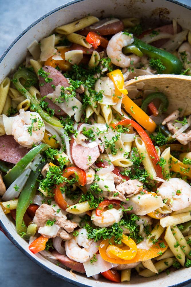 overhead shot of cajun chicken pasta.