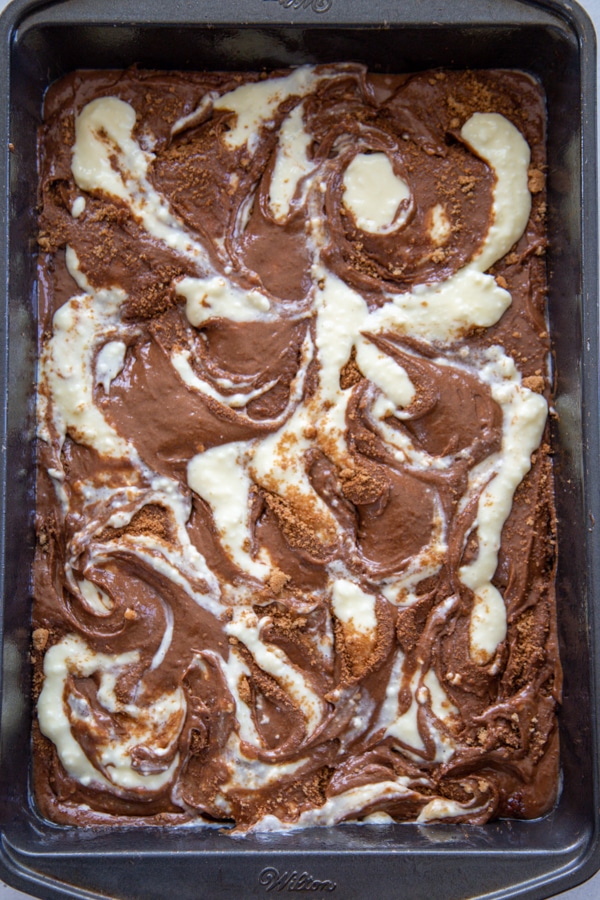 the batter and cream cheese swirled together.