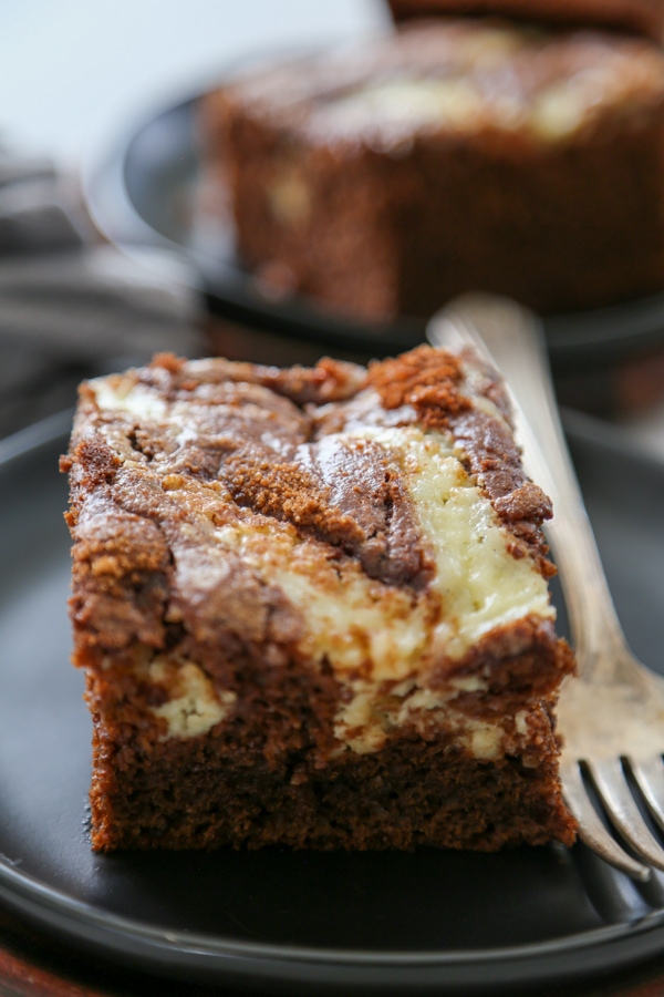 close-up shot of a slice of chocolate cake on a plate.