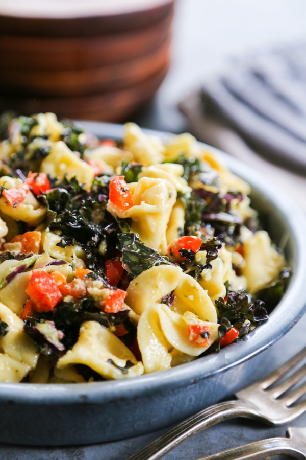 a bowl of tortellini pasta salad.