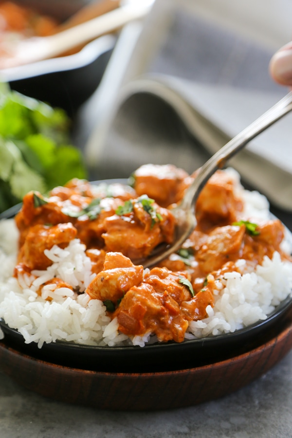 a fork scooping some of the final dish from a plate.