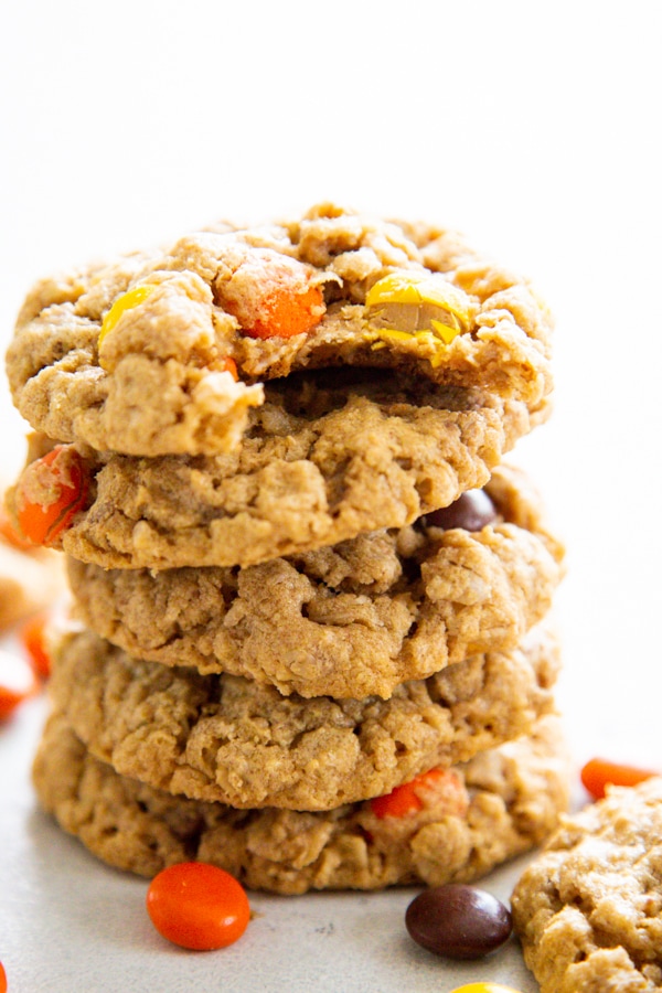 a stack of peanut butter oatmeal cookies.