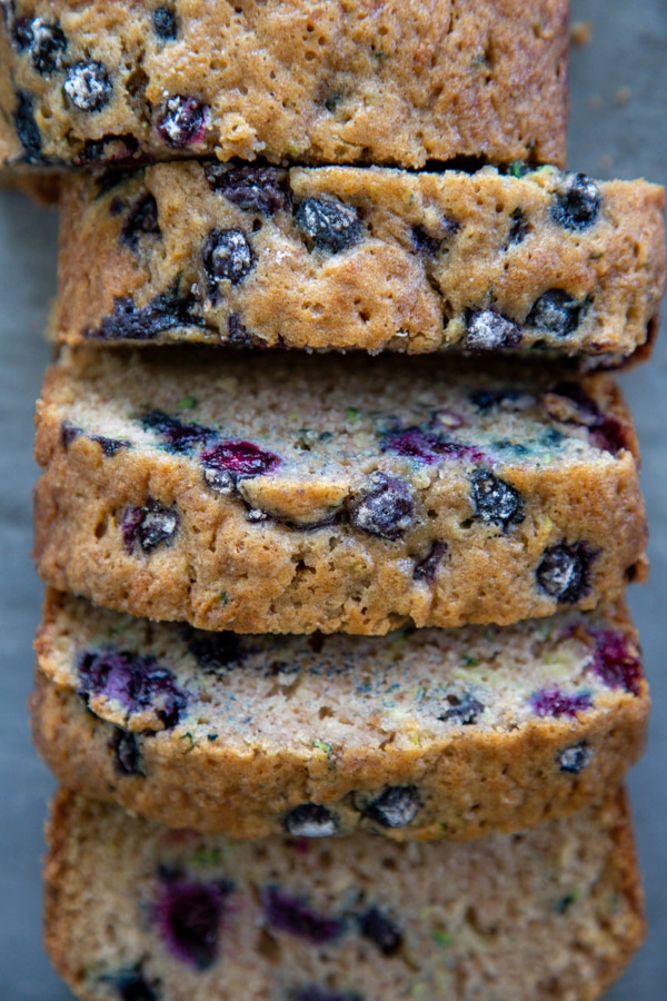 overhead shots of sliced blueberry bread.