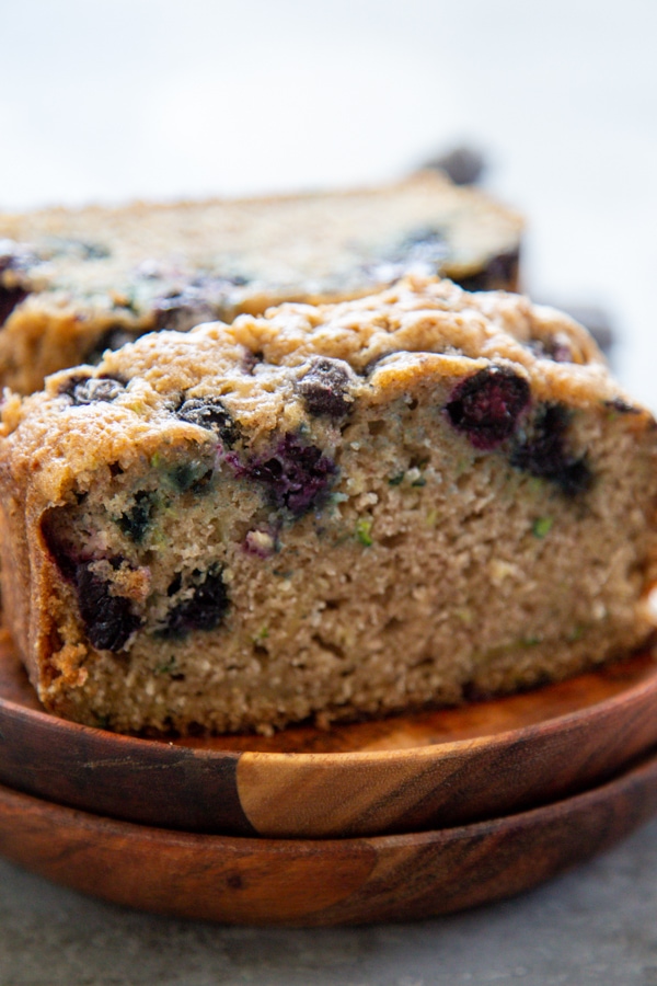 close-up shot of a slice of zucchini banana bread.