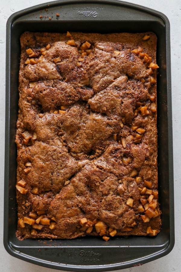 overhead shot of the baked coffee cake in a pan.