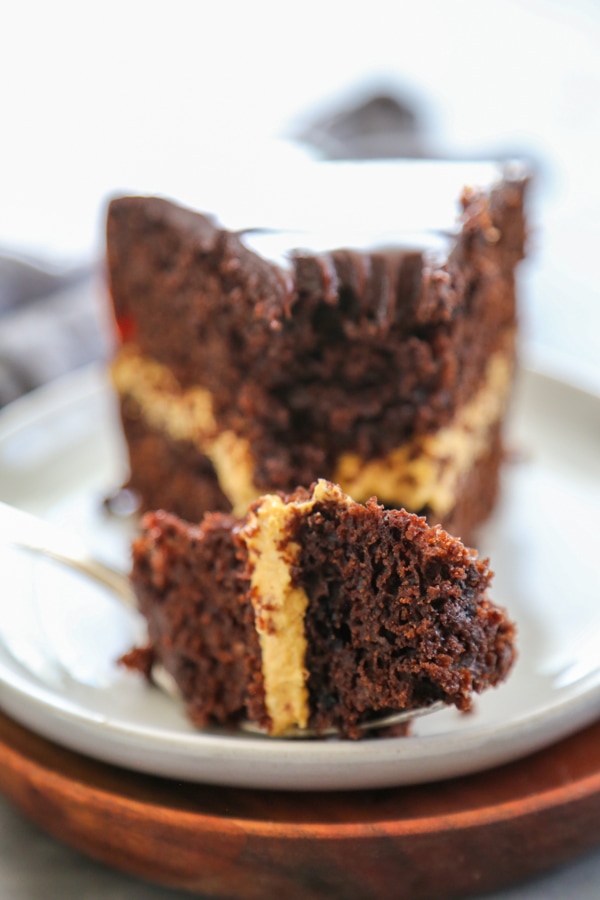 close-up of a slice cake with a fork.