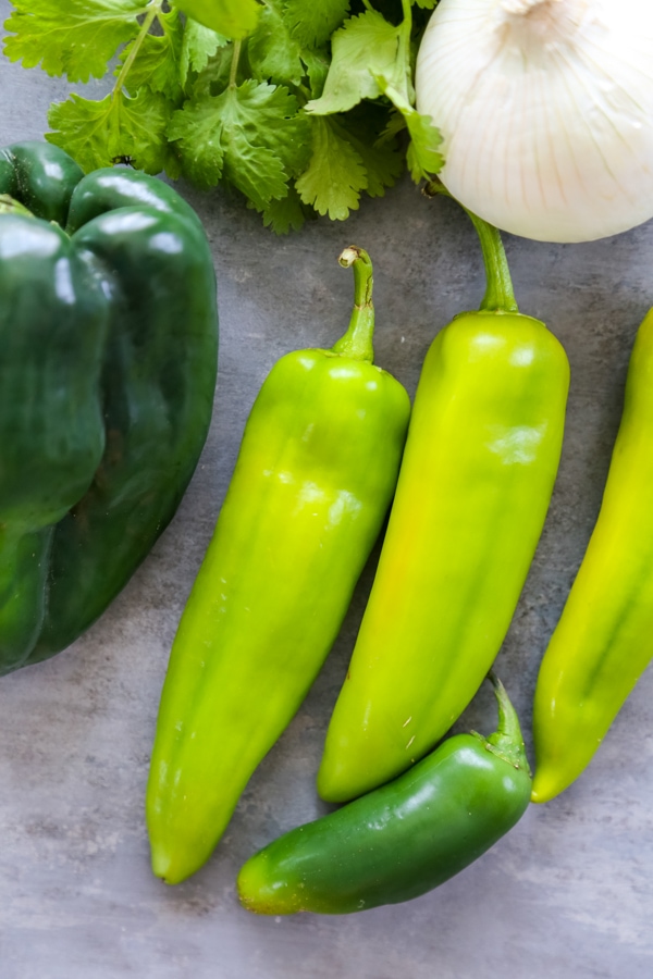 Anaheim peppers, cilantro, onion, and poblano pepper.