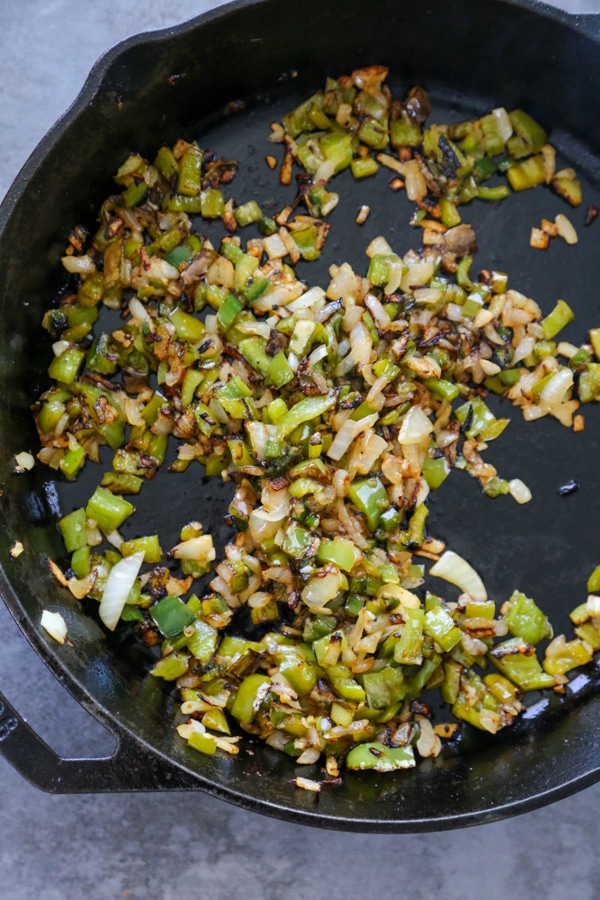 the sauteed peppers, onions, and garlic in a skillet.