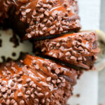 a sliced zucchini chocolate bundt cake.