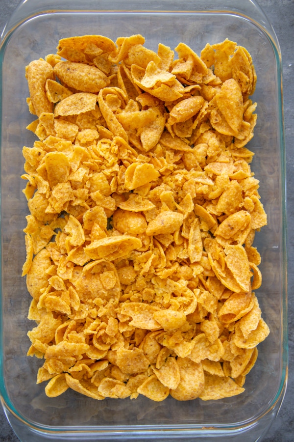 overhead shot of fritos in baking dish
