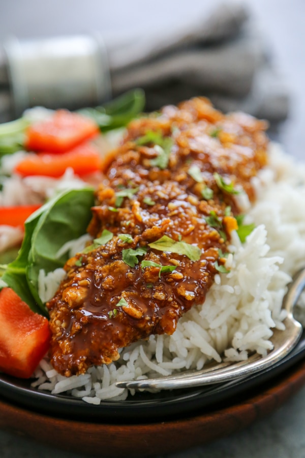 a piece of cashew chicken on rice.