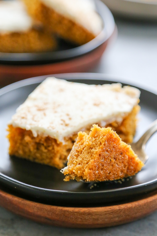 pumpkin bars on plate with fork