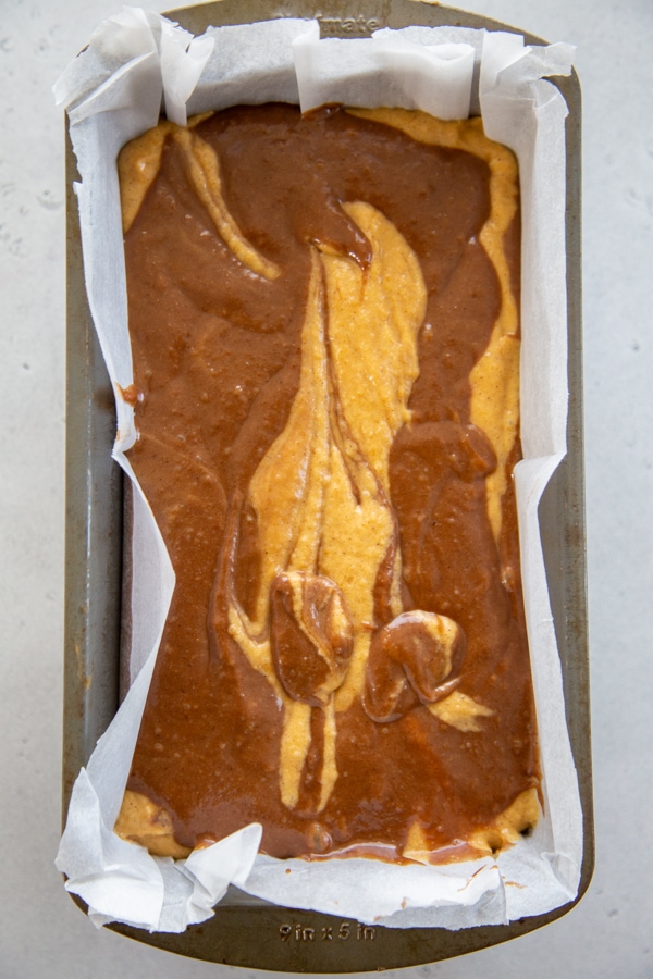 the swirled batters in the baking pan.
