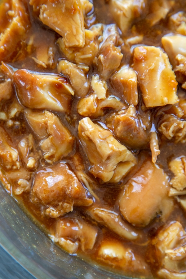 close-up shot of orange chicken in a bowl.
