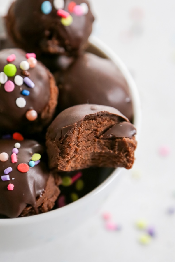 close-up of brownie bites in a bowl.