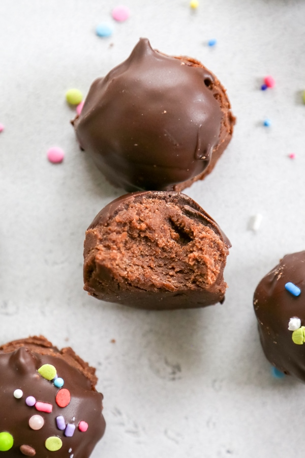 overhead photo of a brownie ball with a bite taken out of it.