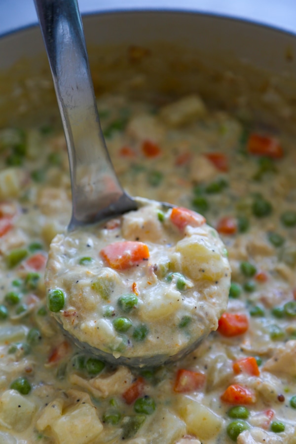 a ladle full of chicken pot pie soup.