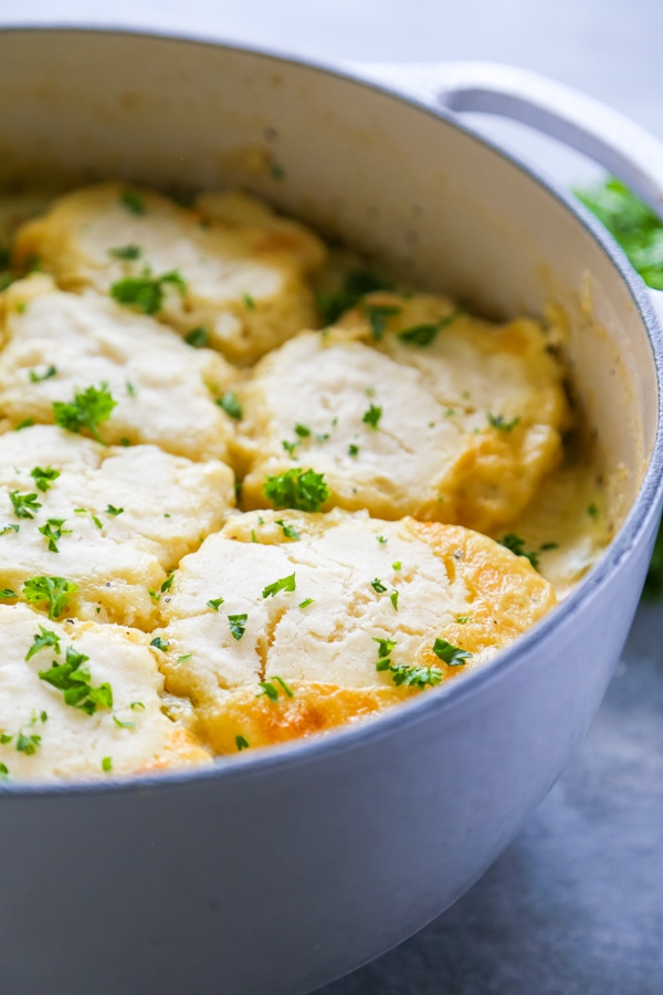 pot of chicken and biscuits
